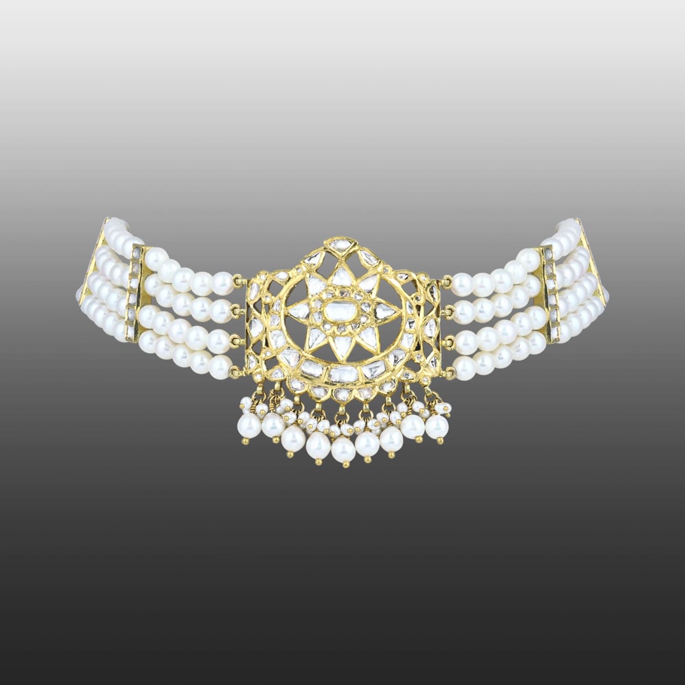 Polki Choker with Pearl Strands and Geometric Central Motif